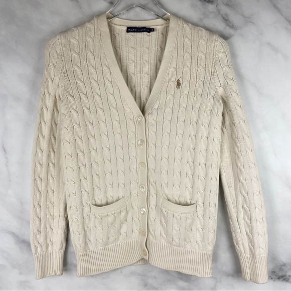 Ralph Lauren Sweaters - Ralph Lauren Blue Label Cableknit V-Neck Button-Down Cardigan Sweater Retro XS/S